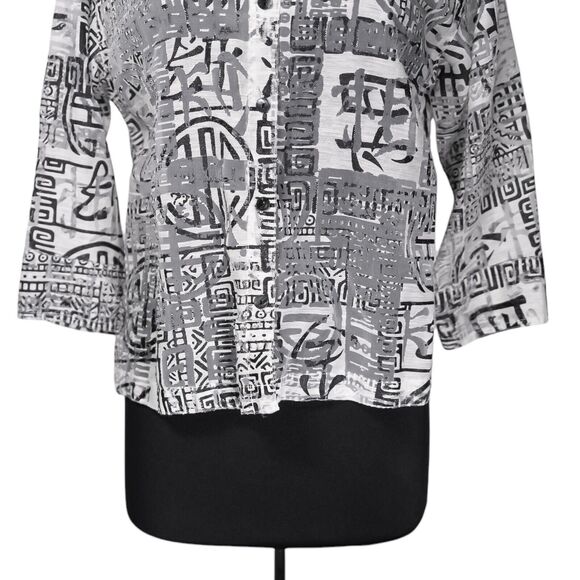 Chico's Women's Shirt Button Up Ivory Black Linen Blend Tribal Sheer Top 1 M/8 - Picture 6 of 8